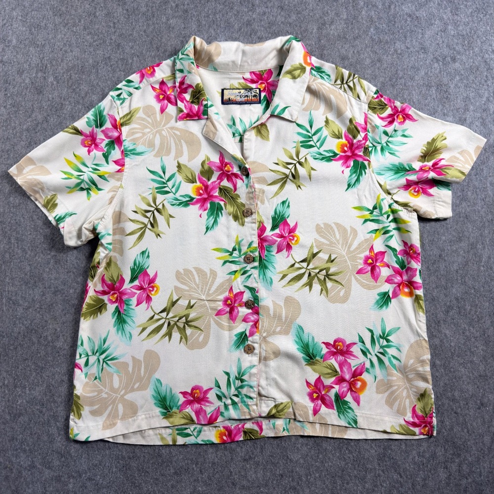 Havana Jacks Cafe Womens Hawaiian Shirt Floral Hibiscus Button Up Cream